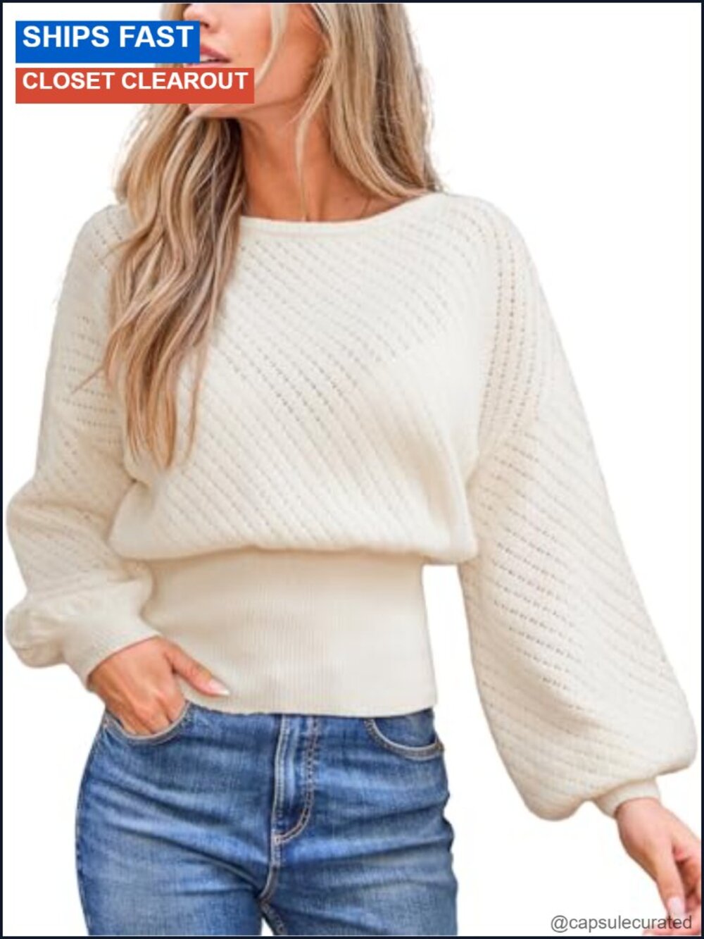 Knit Sweater Boatneck Puff Sleeve Pullover Relaxed Fit Lightweight Fall Cute